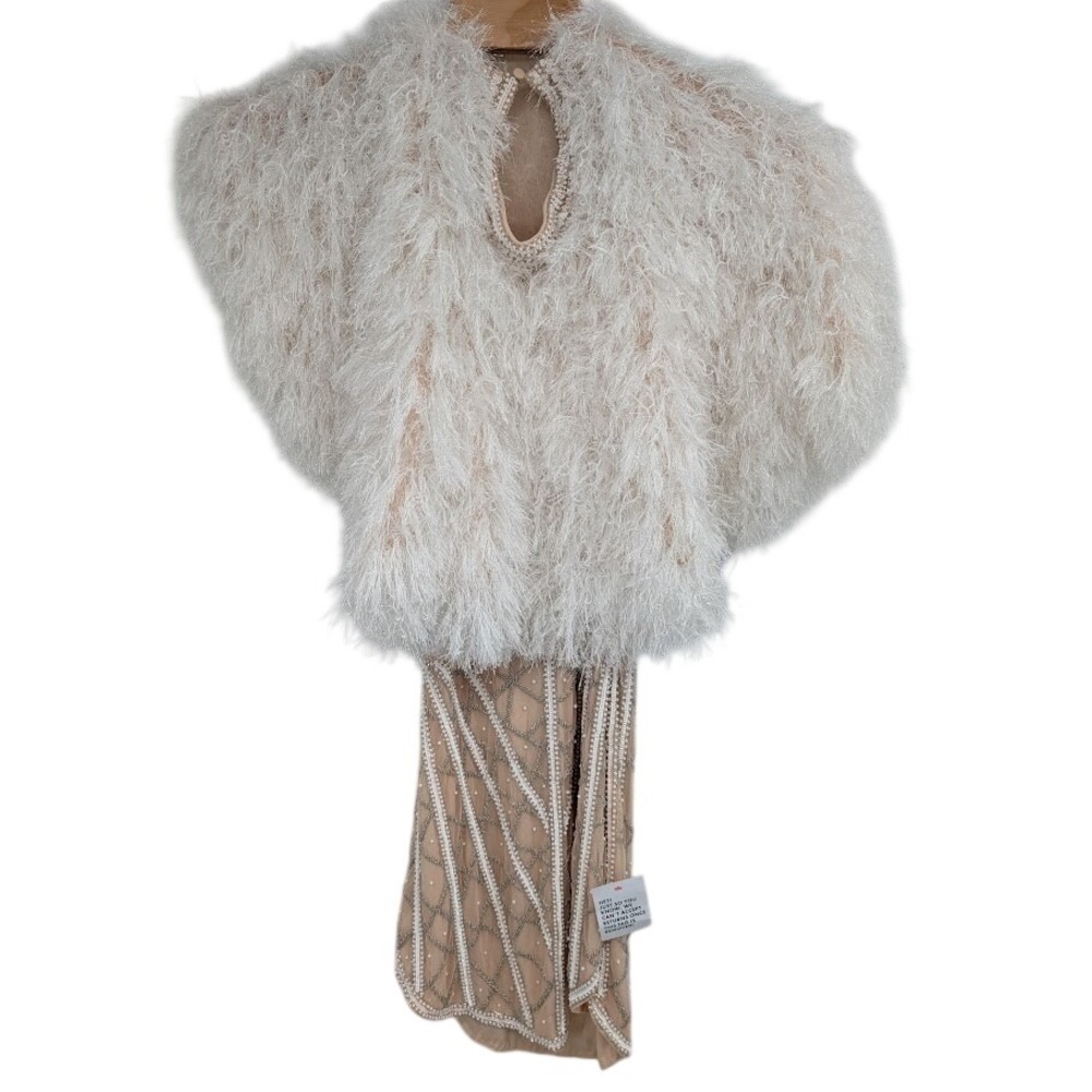 NWT ASOS Luxe Beaded Feather‎ Fringe Party Dress Champagne Cream Size 14